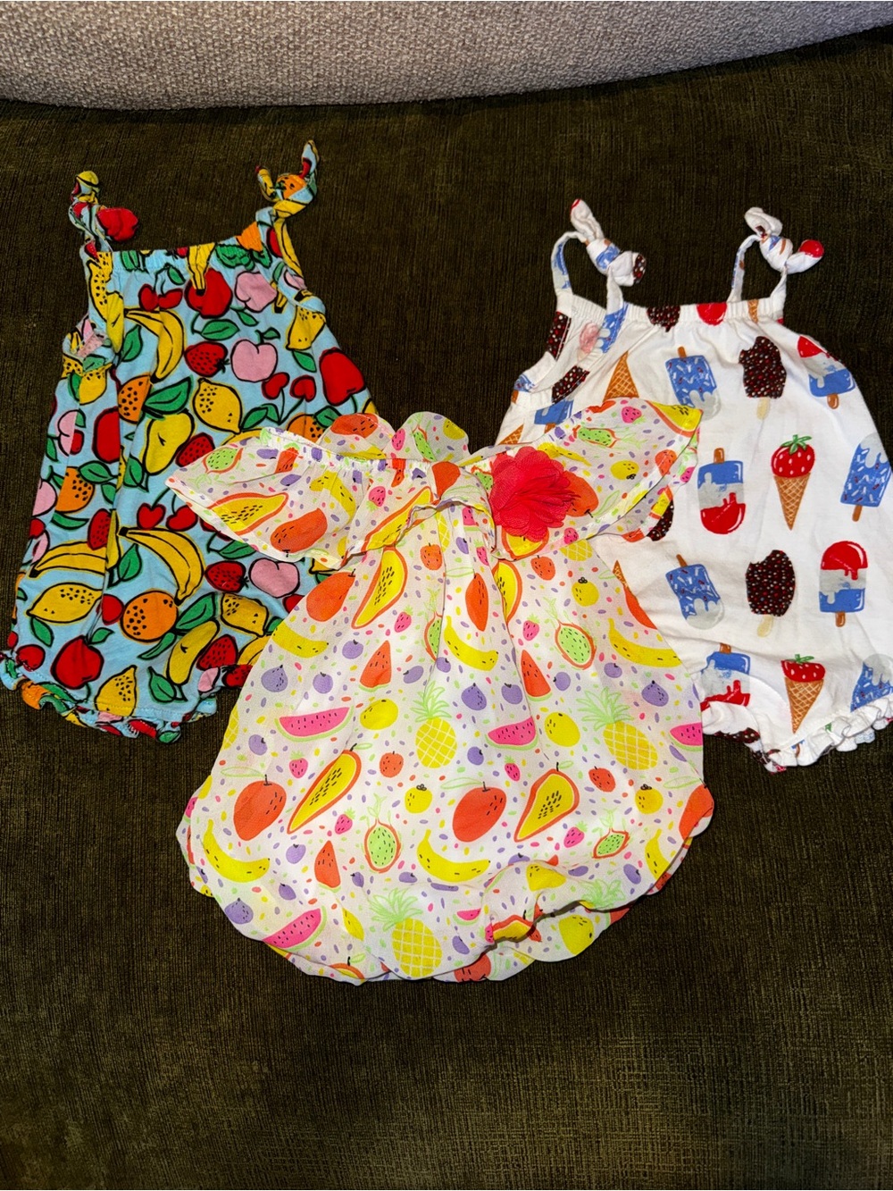 3-Piece Baby Girl Fruit & Ice Cream Romper Set - Colorful Prints